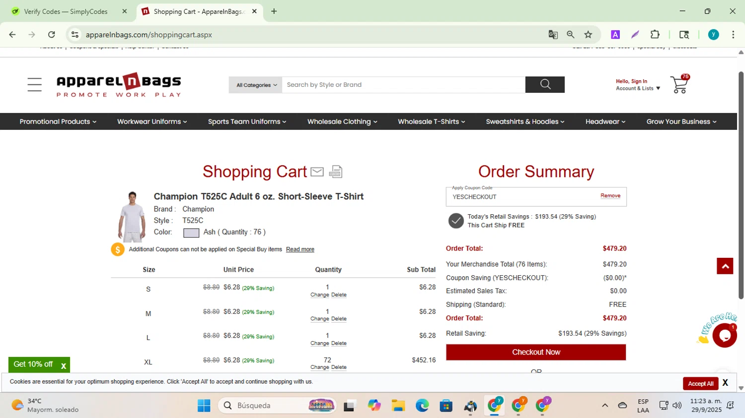 ApparelnBags.com promo code screenshot showing code YESCHECKOUT applied at ApparelnBags.com checkout page. Uploaded by SimplyCodes community member yadiracg074 on Sep 29, 2025