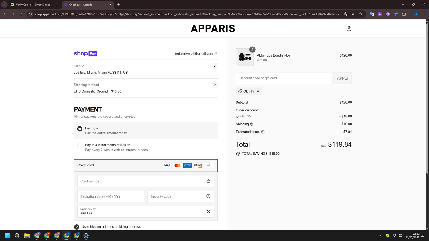 Apparis discount code screenshot showing code GET15 applied at Apparis checkout page. Uploaded by SimplyCodes community member ExtraordinarySleuth4345 on Jul 22, 2025