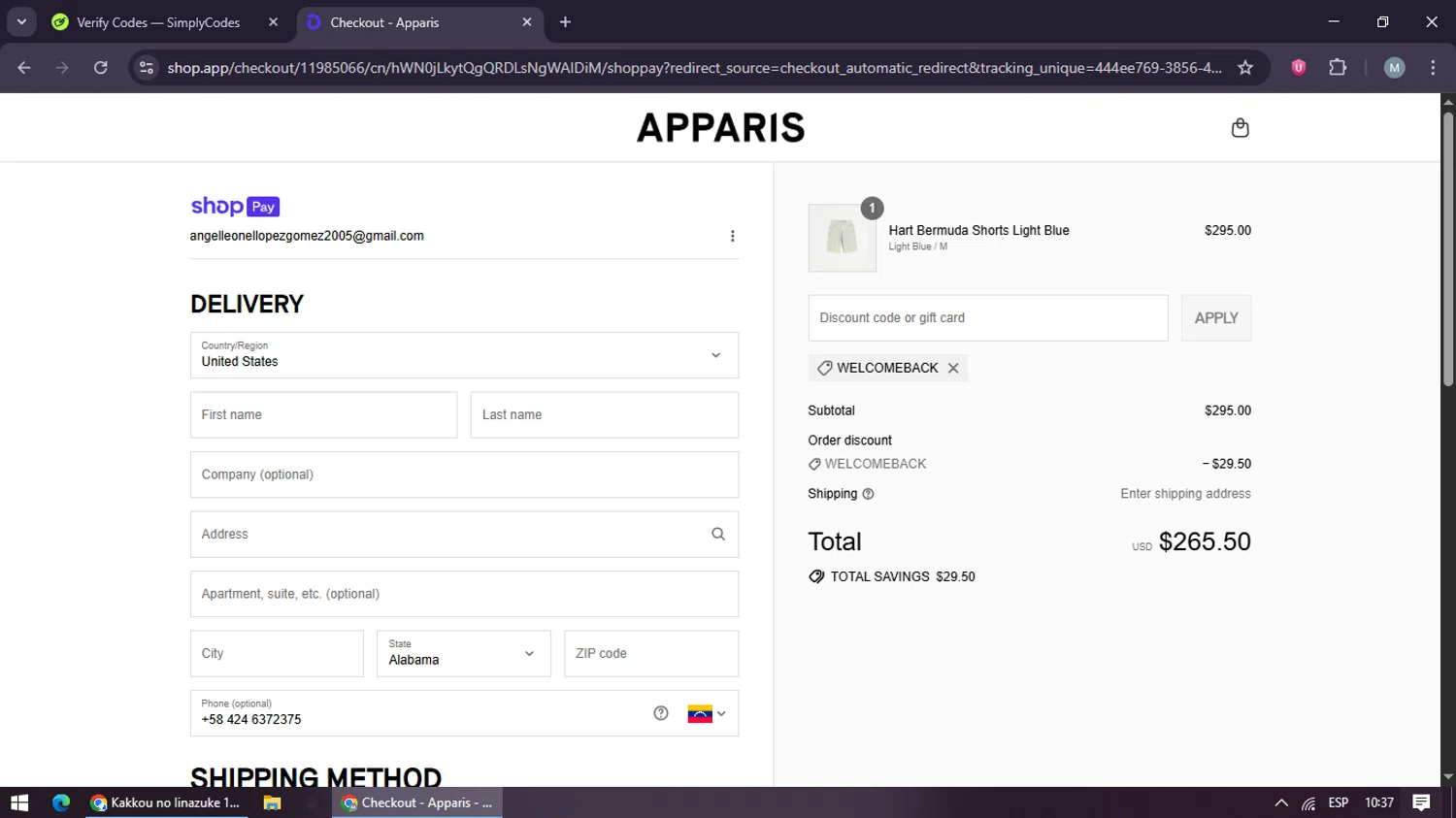 Apparis discount code screenshot showing code WELCOMEBACK applied at Apparis checkout page. Uploaded by SimplyCodes community member maraxo on Jul 17, 2025