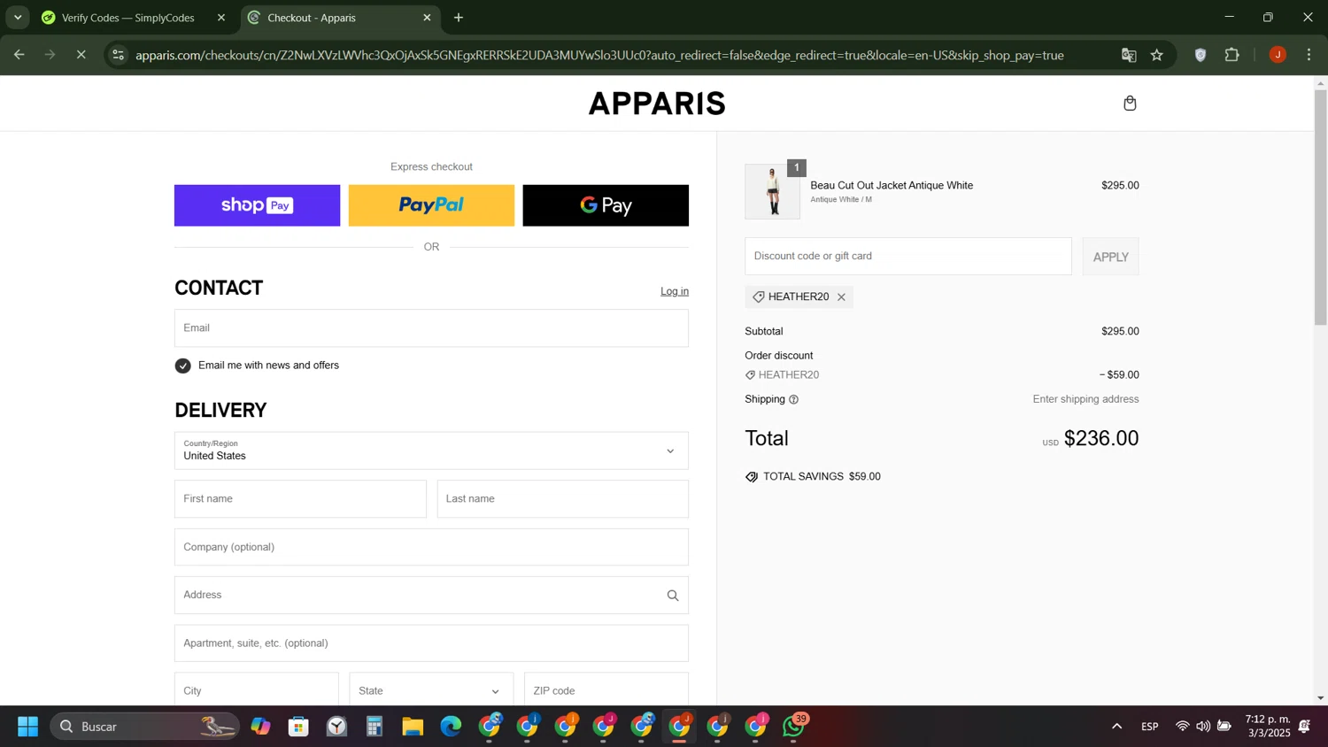 Apparis discount code screenshot showing code Heather20 applied at Apparis checkout page. Uploaded by SimplyCodes community member ShieldAce8260 on Mar 3, 2025