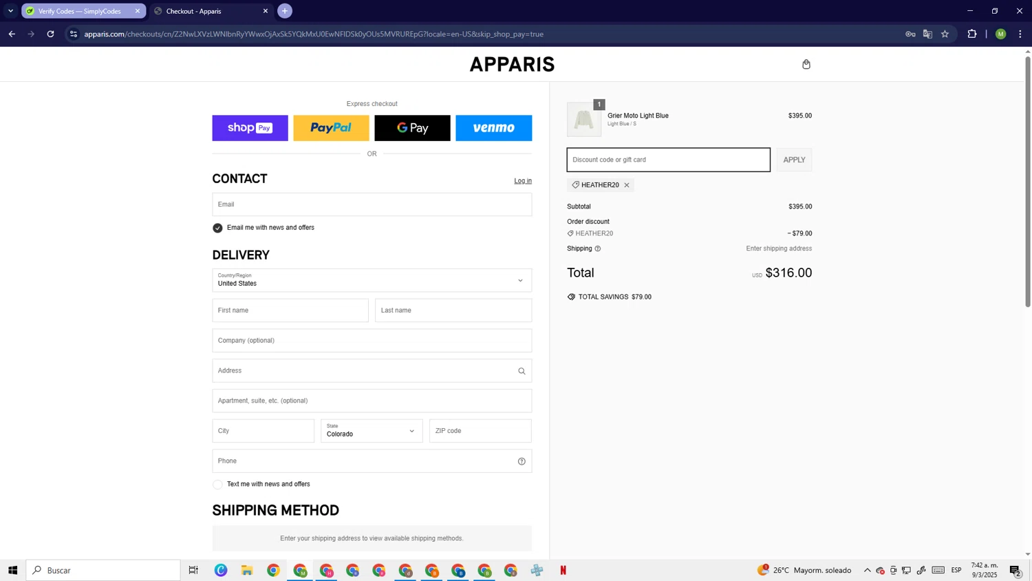 Apparis discount code screenshot showing code Heather20 applied at Apparis checkout page. Uploaded by SimplyCodes community member PrimeSage6924 on Mar 9, 2025