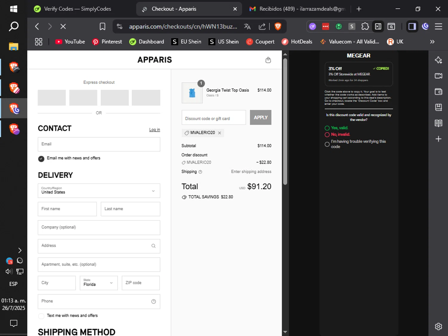 Apparis discount code screenshot showing code MVALERIO20 applied at Apparis checkout page. Uploaded by SimplyCodes community member ilarrazaM4 on Jul 26, 2025