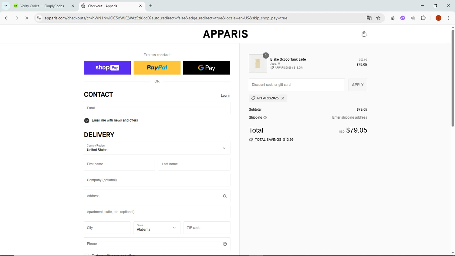 Apparis discount code screenshot showing code APPARIS2025 applied at Apparis checkout page. Uploaded by SimplyCodes community member NobleMaven802 on Aug 3, 2025
