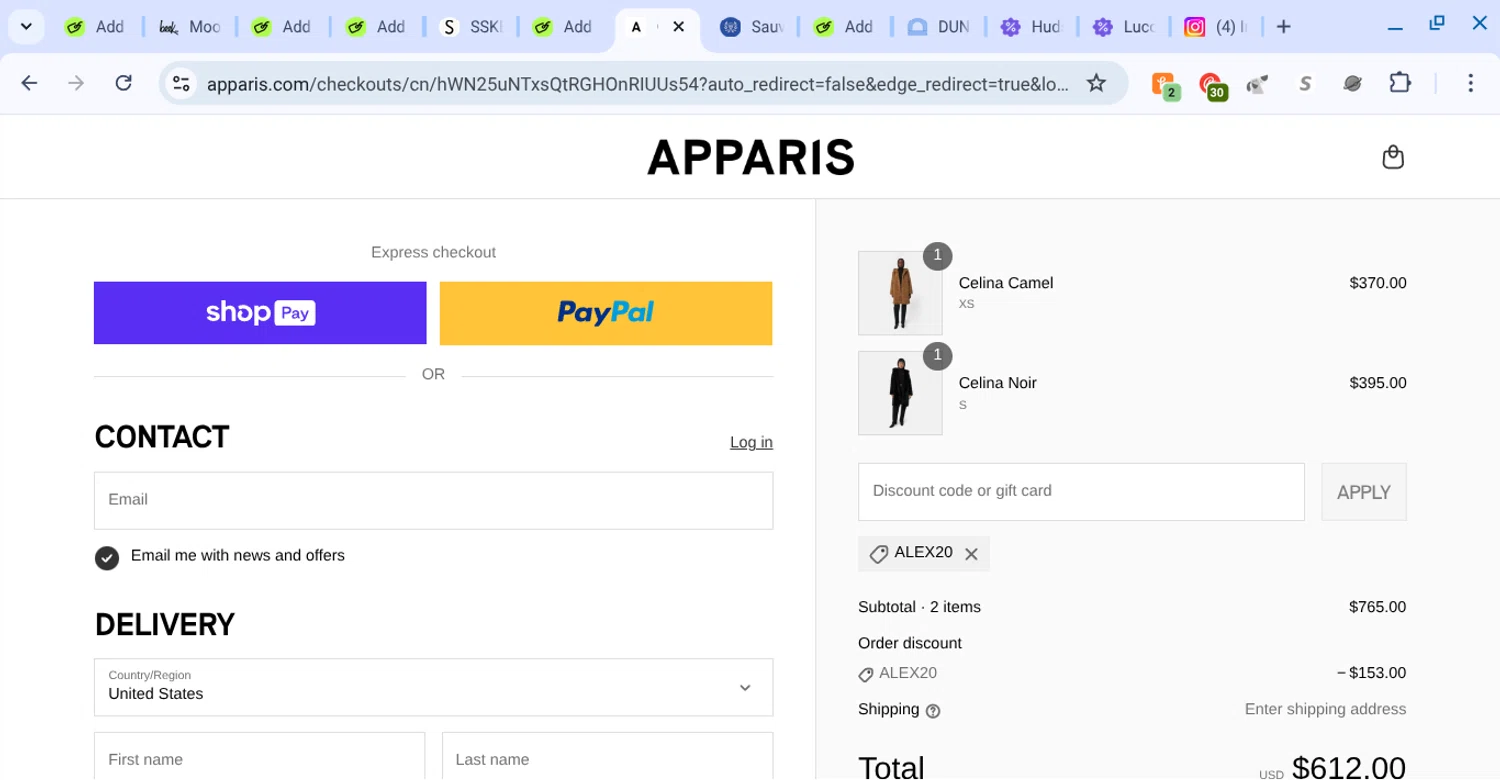 Apparis discount code screenshot showing code alex20 applied at Apparis checkout page. Uploaded by SimplyCodes community member KarinaHZ on Aug 22, 2025