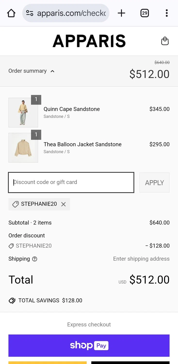 Apparis discount code screenshot showing code Stephanie20 applied at Apparis checkout page. Uploaded by SimplyCodes community member KarinaHZ on Mar 16, 2025