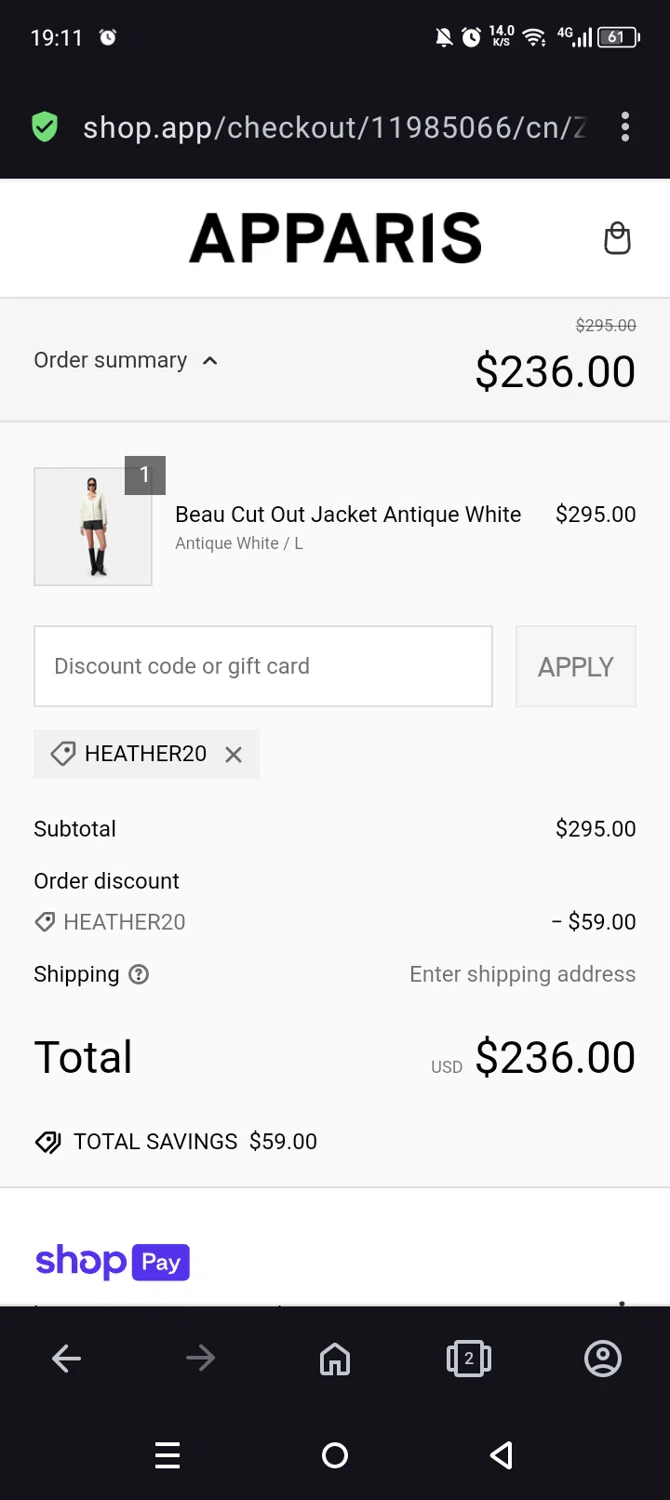 Apparis discount code screenshot showing code Heather20 applied at Apparis checkout page. Uploaded by SimplyCodes community member FortunateSaver8934 on Mar 3, 2025
