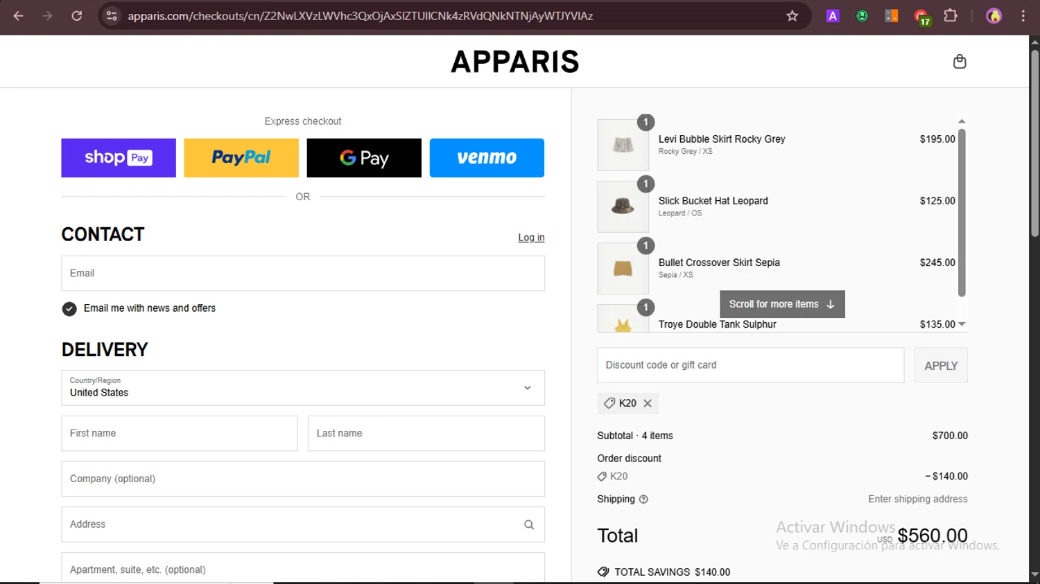 Apparis discount code screenshot showing code K20 applied at Apparis checkout page. Uploaded by SimplyCodes community member GoldAce5838 on May 21, 2025