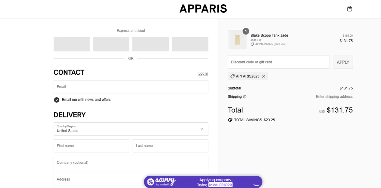 Apparis discount code screenshot showing code APPARIS2025 applied at Apparis checkout page. Uploaded by SimplyCodes community member shark12 on Jul 20, 2025