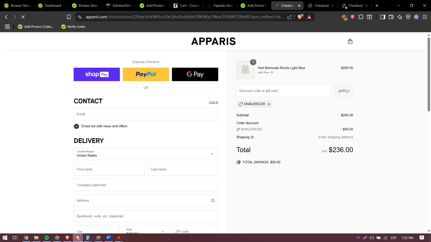 Apparis discount code screenshot showing code MVALERIO20 applied at Apparis checkout page. Uploaded by SimplyCodes community member yokoono10 on Jun 30, 2025