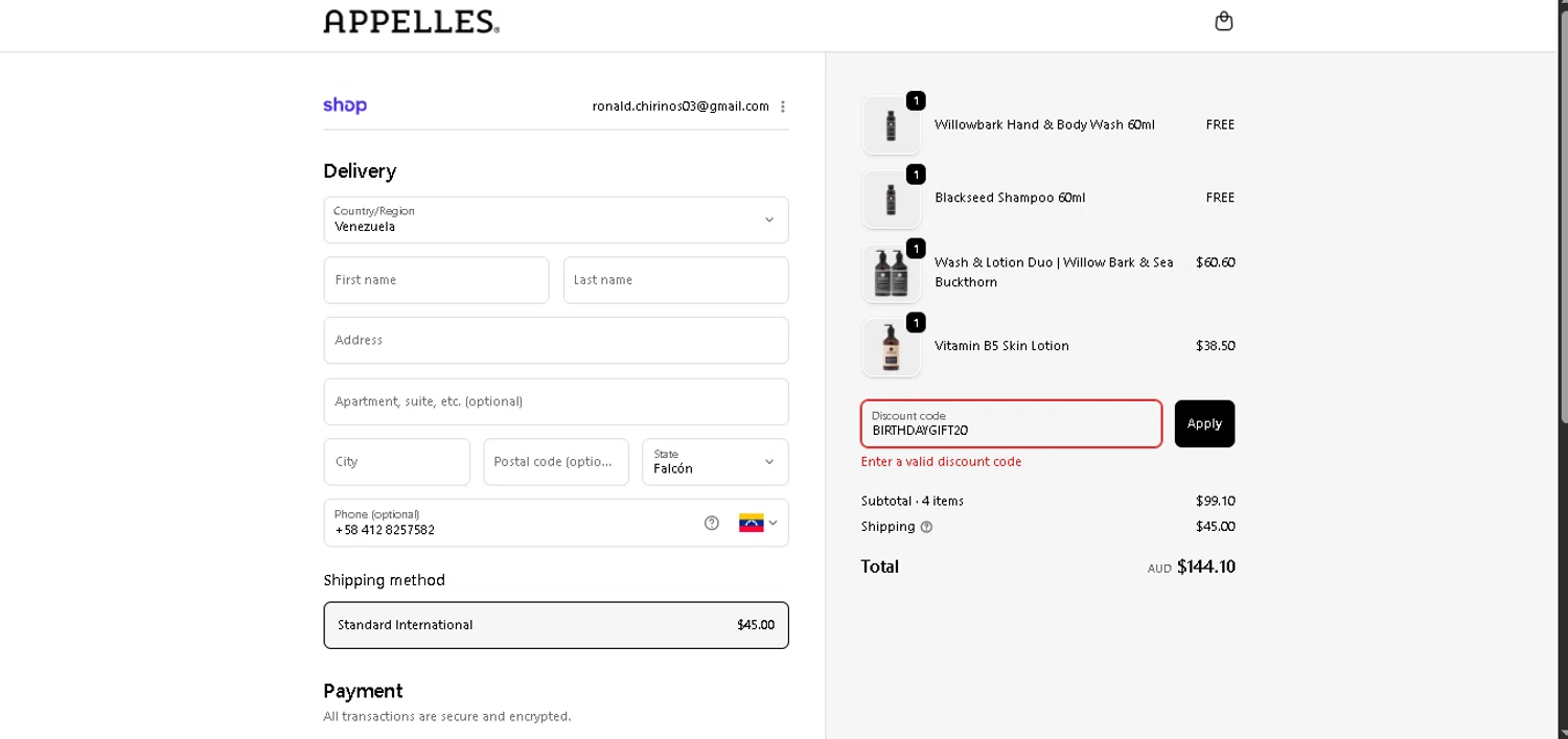 APPELLES Apothecary promo code screenshot showing code BIRTHDAYGIFT20 applied at APPELLES Apothecary checkout page. Uploaded by SimplyCodes community member CodeExpert7814 on Dec 24, 2025