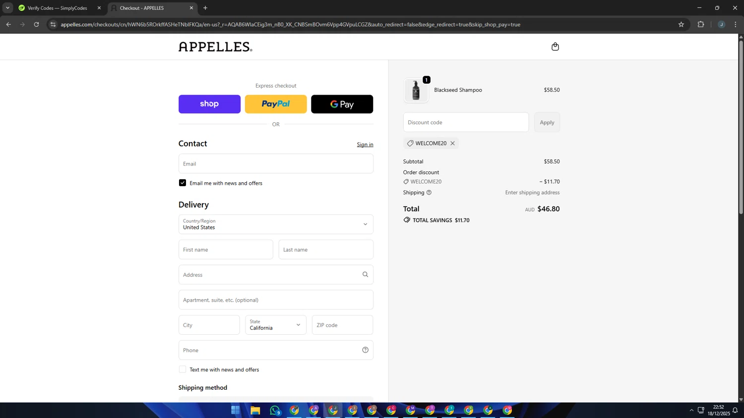 APPELLES Apothecary checkout page showing APPELLES Apothecary promo code box | Screenshot taken by SimplyCodes community member on Dec 19, 2025