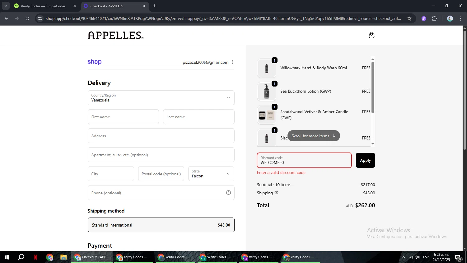 APPELLES Apothecary promo code screenshot showing code WELCOME20 applied at APPELLES Apothecary checkout page. Uploaded by SimplyCodes community member ShrewdSeeker6165 on Dec 24, 2025