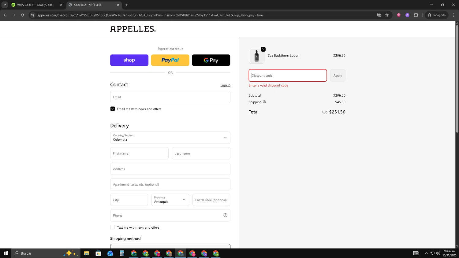 APPELLES Apothecary promo code screenshot showing code AB10 applied at APPELLES Apothecary checkout page. Uploaded by SimplyCodes community member AVATIGRITO on Nov 15, 2025