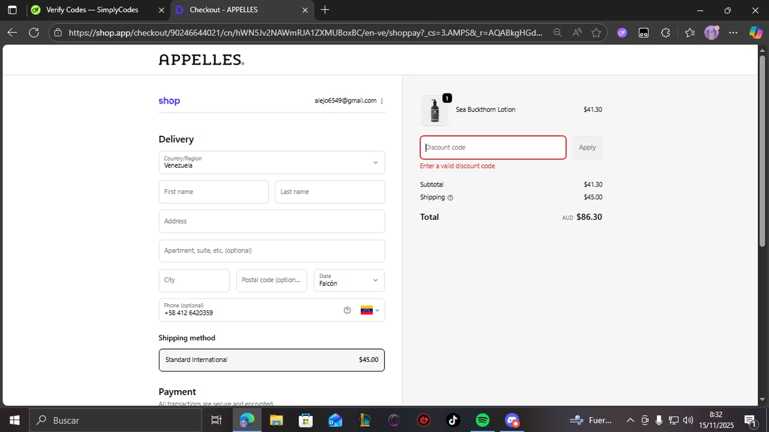 APPELLES Apothecary promo code screenshot showing code AB10 applied at APPELLES Apothecary checkout page. Uploaded by SimplyCodes community member THEBANANA on Nov 15, 2025