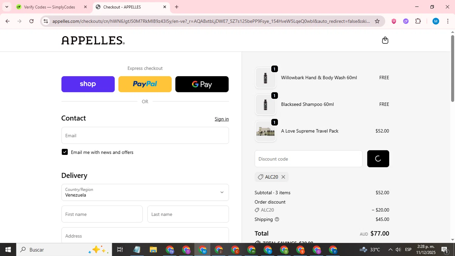 APPELLES Apothecary promo code screenshot showing code alc20 applied at APPELLES Apothecary checkout page. Uploaded by SimplyCodes community member LegendaryCurator1585 on Dec 11, 2025