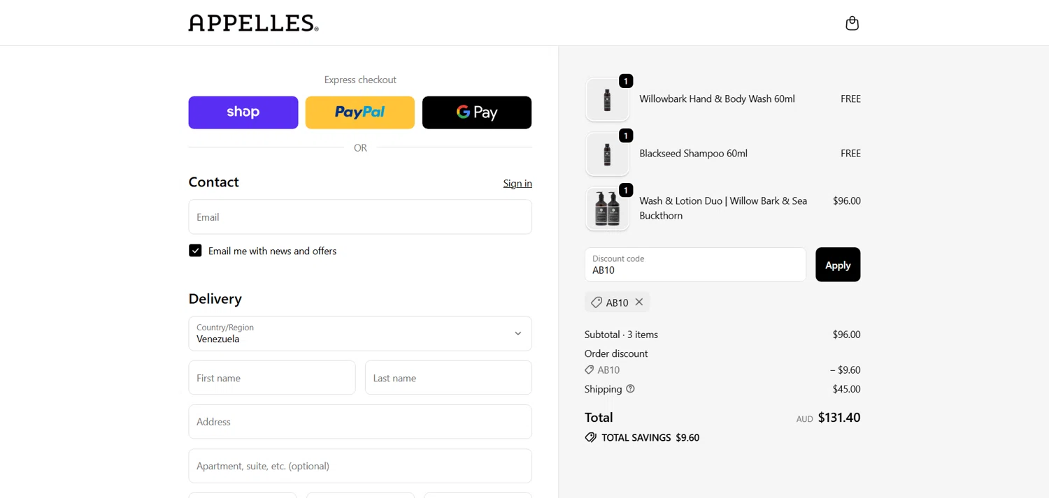 APPELLES Apothecary promo code screenshot showing code AB10 applied at APPELLES Apothecary checkout page. Uploaded by SimplyCodes community member marielysmorales on Dec 8, 2025