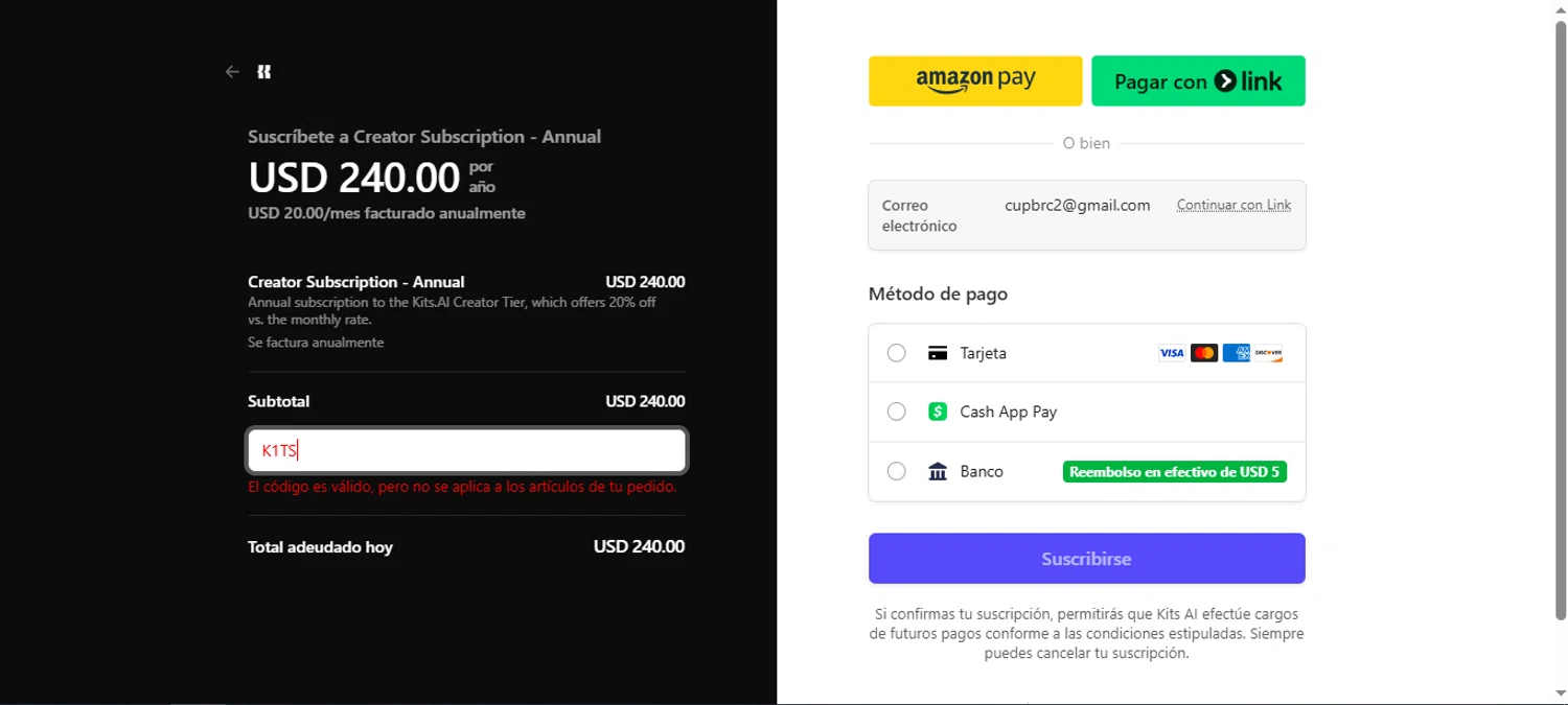 Kits AI promo code screenshot showing code K1TS applied at Kits AI checkout page. Uploaded by SimplyCodes community member brcbrc on Jun 24, 2025