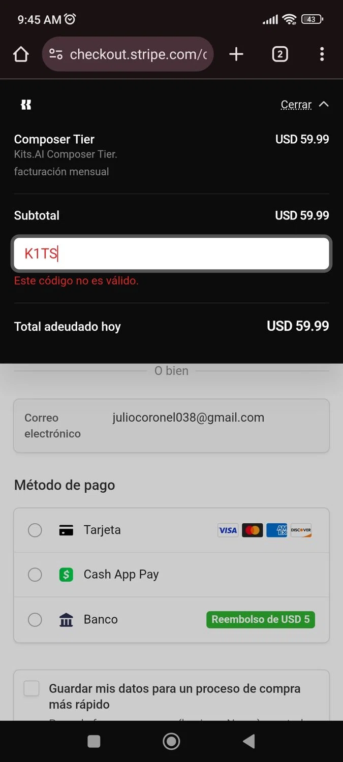 Kits AI promo code screenshot showing code K1TS applied at Kits AI checkout page. Uploaded by SimplyCodes community member juliocoronel038ef0f on Aug 26, 2025