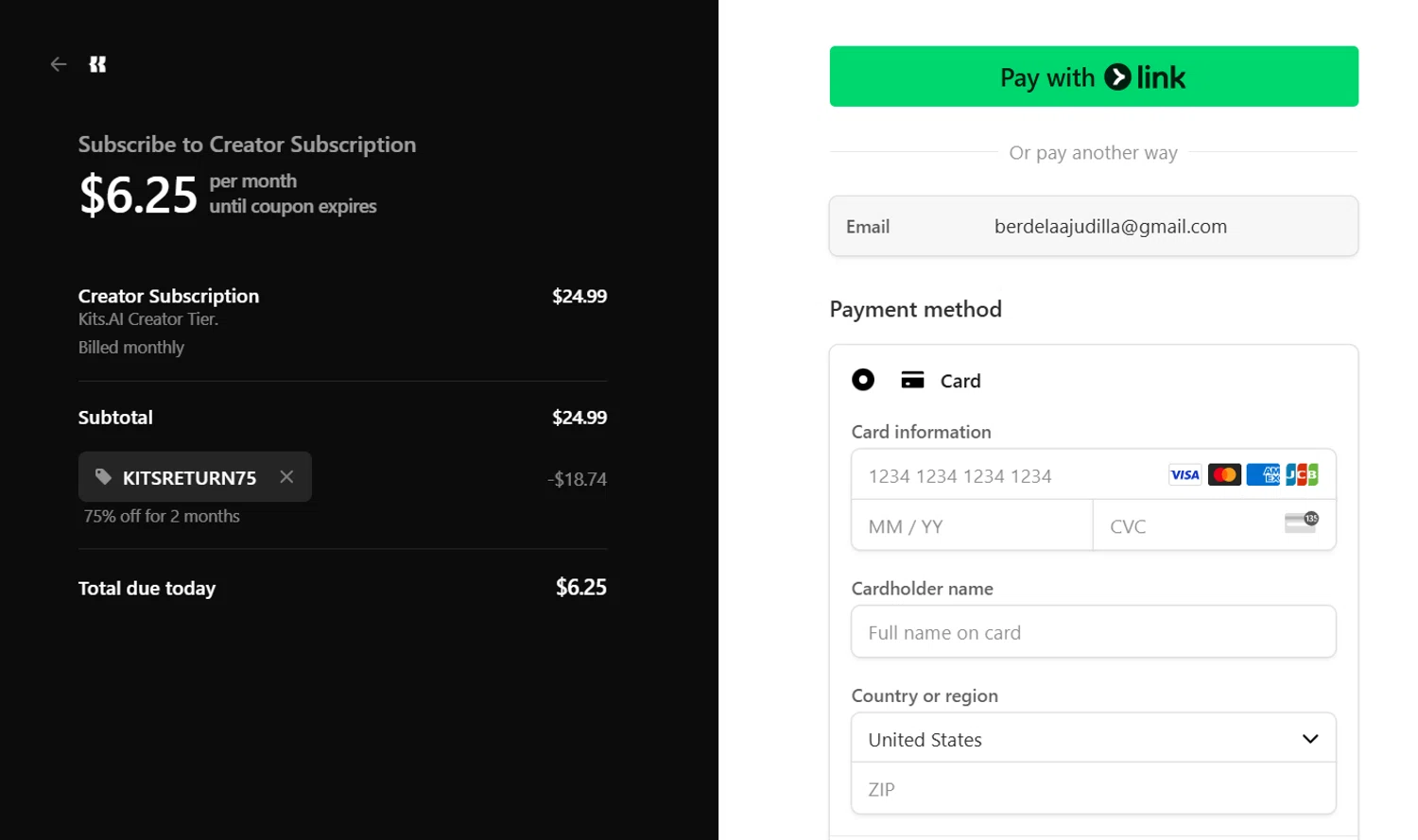 Kits AI promo code screenshot showing code KITSRETURN75 applied at Kits AI checkout page. Uploaded by SimplyCodes community member berdetweet on Apr 12, 2025