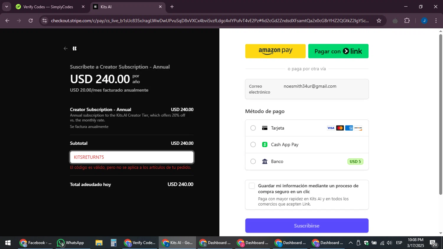 Kits AI promo code screenshot showing code KITSRETURN75 applied at Kits AI checkout page. Uploaded by SimplyCodes community member noesmith34ur on Mar 18, 2025
