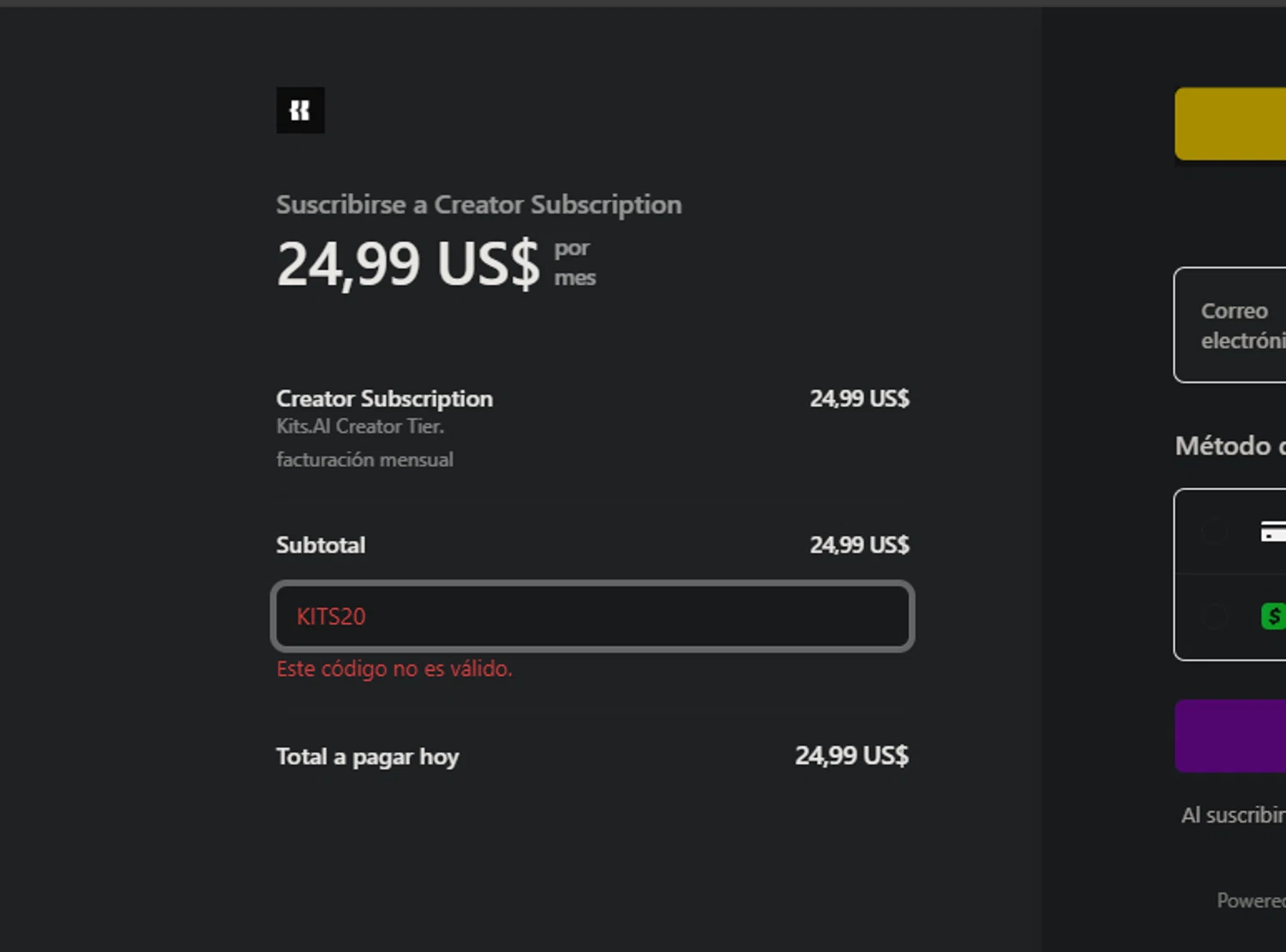 Kits AI promo code screenshot showing code KITS20 applied at Kits AI checkout page. Uploaded by SimplyCodes community member PedroNavaja on Sep 10, 2025