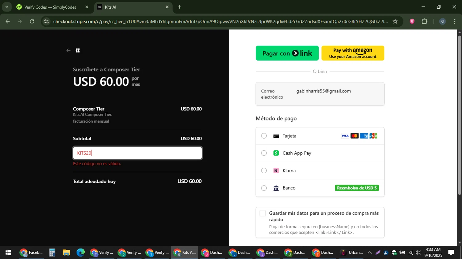Kits AI promo code screenshot showing code KITS20 applied at Kits AI checkout page. Uploaded by SimplyCodes community member gabinharris55 on Sep 10, 2025