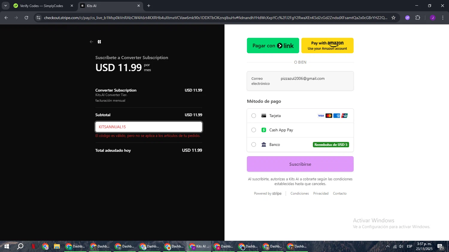 Kits AI promo code screenshot showing code KITSANNUAL15 applied at Kits AI checkout page. Uploaded by SimplyCodes community member ComeBurra123 on Nov 23, 2025