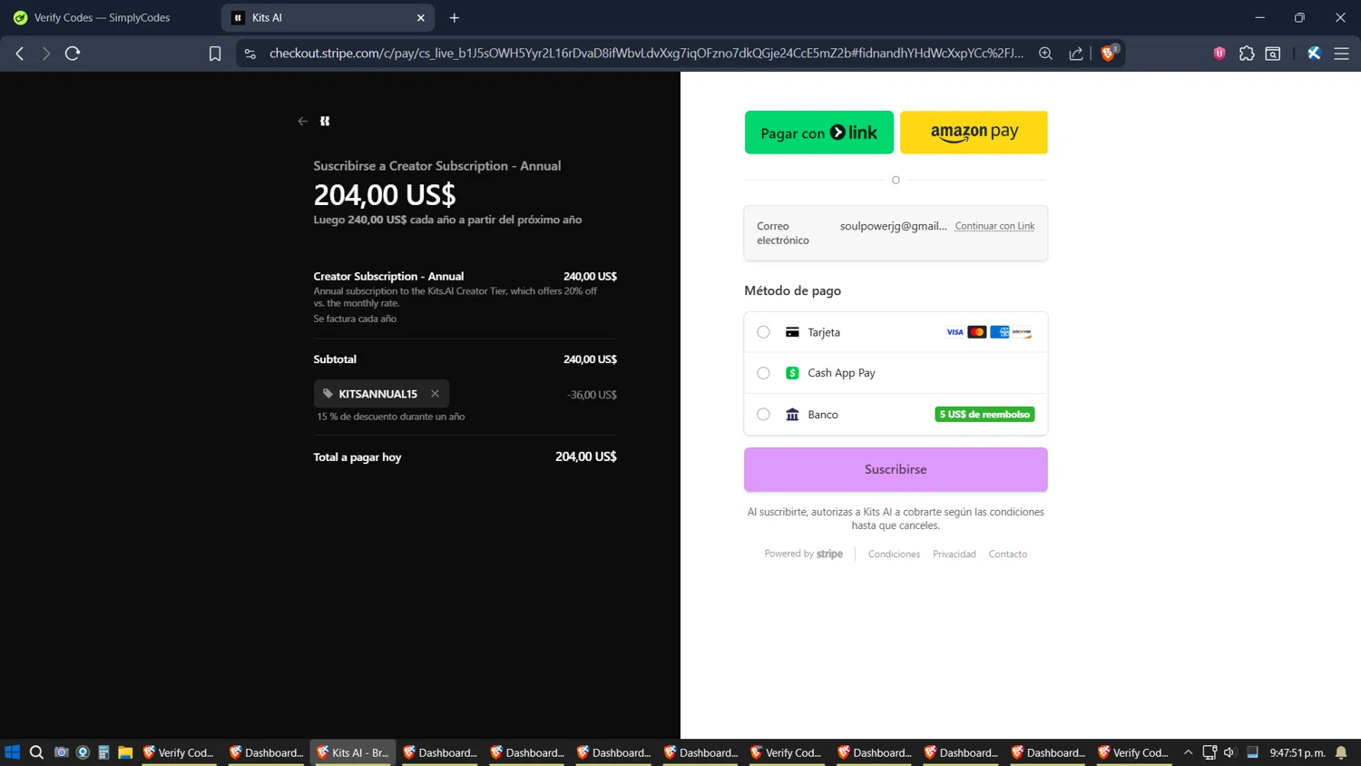 Kits AI checkout page showing Kits AI promo code box | Screenshot taken by SimplyCodes community member on Nov 2, 2025