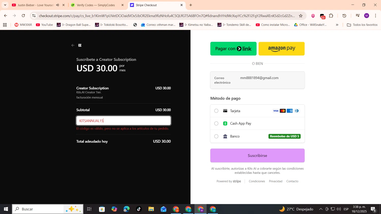 Kits AI promo code screenshot showing code KITSANNUAL15 applied at Kits AI checkout page. Uploaded by SimplyCodes community member cod_gakpo on Dec 18, 2025