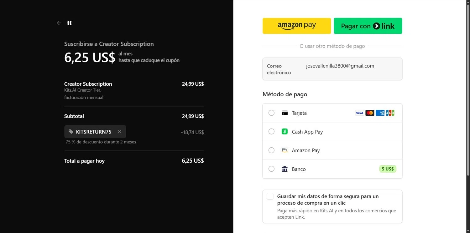 Kits AI promo code screenshot showing code KITSRETURN75 applied at Kits AI checkout page. Uploaded by SimplyCodes community member Depressive on Apr 12, 2025