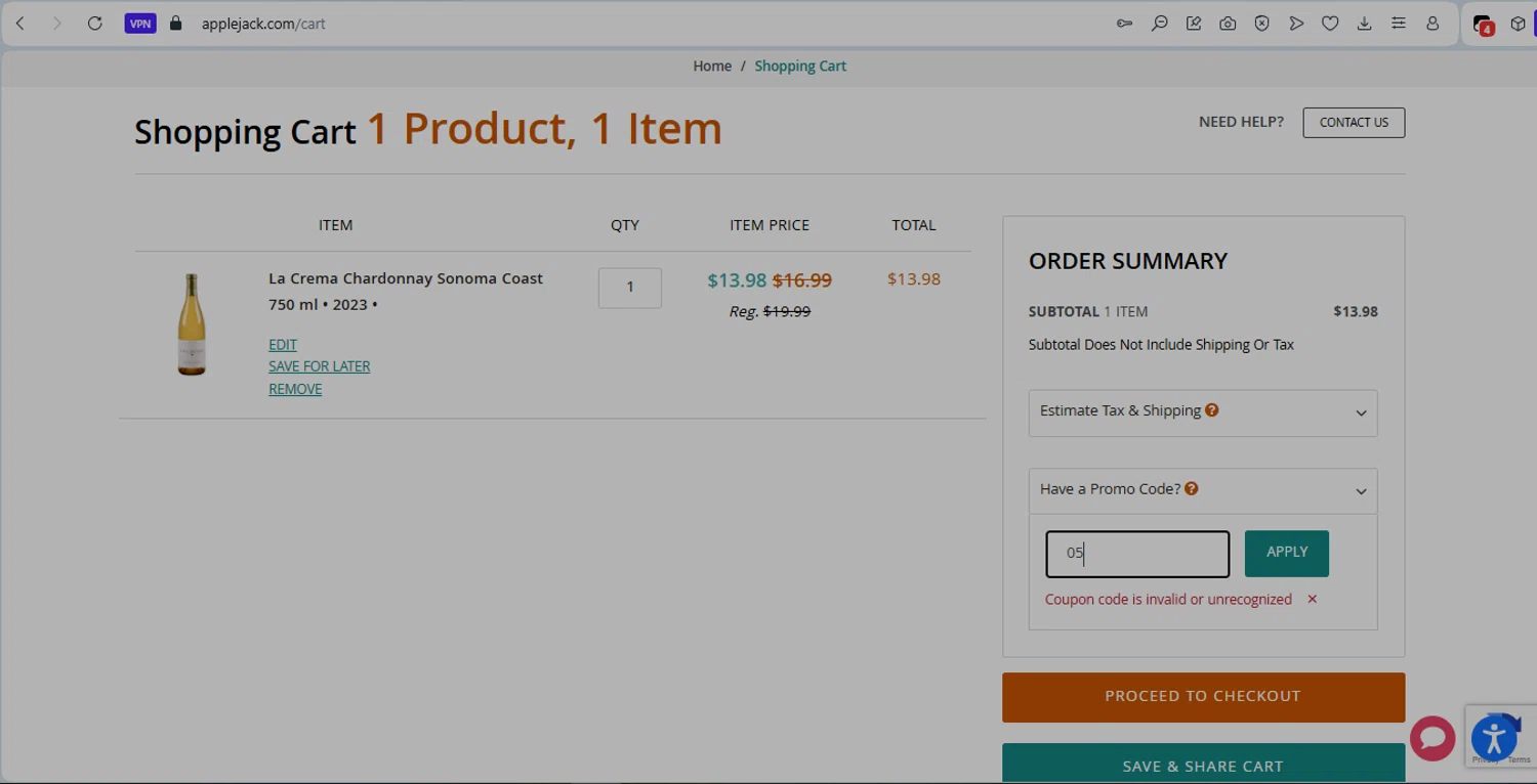 Applejack promo code screenshot showing code 05 applied at Applejack checkout page. Uploaded by SimplyCodes community member GloriousMaven6295 on Dec 20, 2025