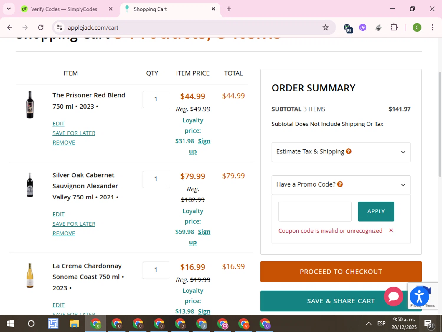 Applejack promo code screenshot showing code 05 applied at Applejack checkout page. Uploaded by SimplyCodes community member RoyalKnight4673 on Dec 20, 2025