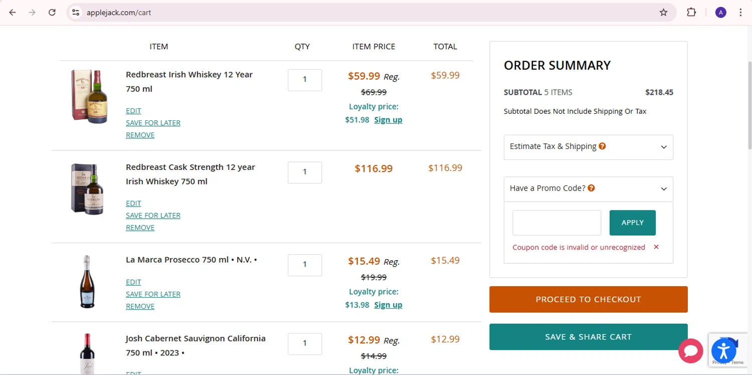 Applejack promo code screenshot showing code 12 applied at Applejack checkout page. Uploaded by SimplyCodes community member PromoExpert5262 on Dec 20, 2025