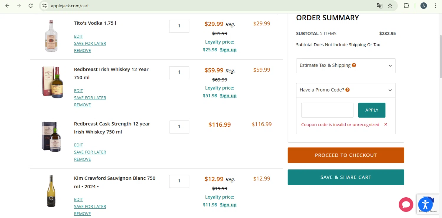 Applejack promo code screenshot showing code 12 applied at Applejack checkout page. Uploaded by SimplyCodes community member SaleSentinel7319 on Dec 20, 2025