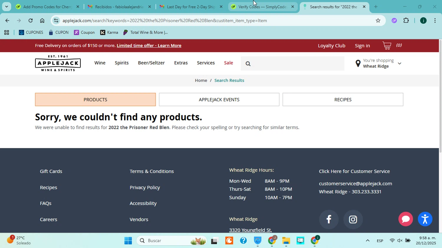Applejack promo code screenshot showing code 03 applied at Applejack checkout page. Uploaded by SimplyCodes community member jorgejavierherrera on Dec 20, 2025