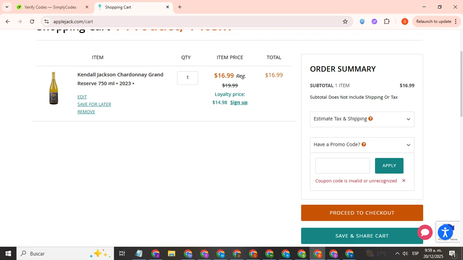 Applejack promo code screenshot showing code 03 applied at Applejack checkout page. Uploaded by SimplyCodes community member toniokroos on Dec 20, 2025