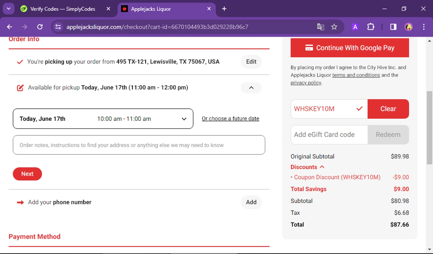 Applejacks Liquor checkout page showing Applejacks Liquor promo code box | Screenshot taken by SimplyCodes community member on Jun 17, 2024