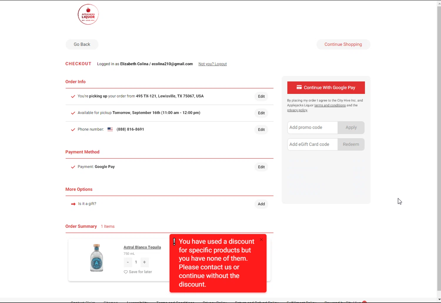 Applejacks Liquor checkout page showing Applejacks Liquor promo code box | Screenshot taken by SimplyCodes community member on Sep 15, 2024