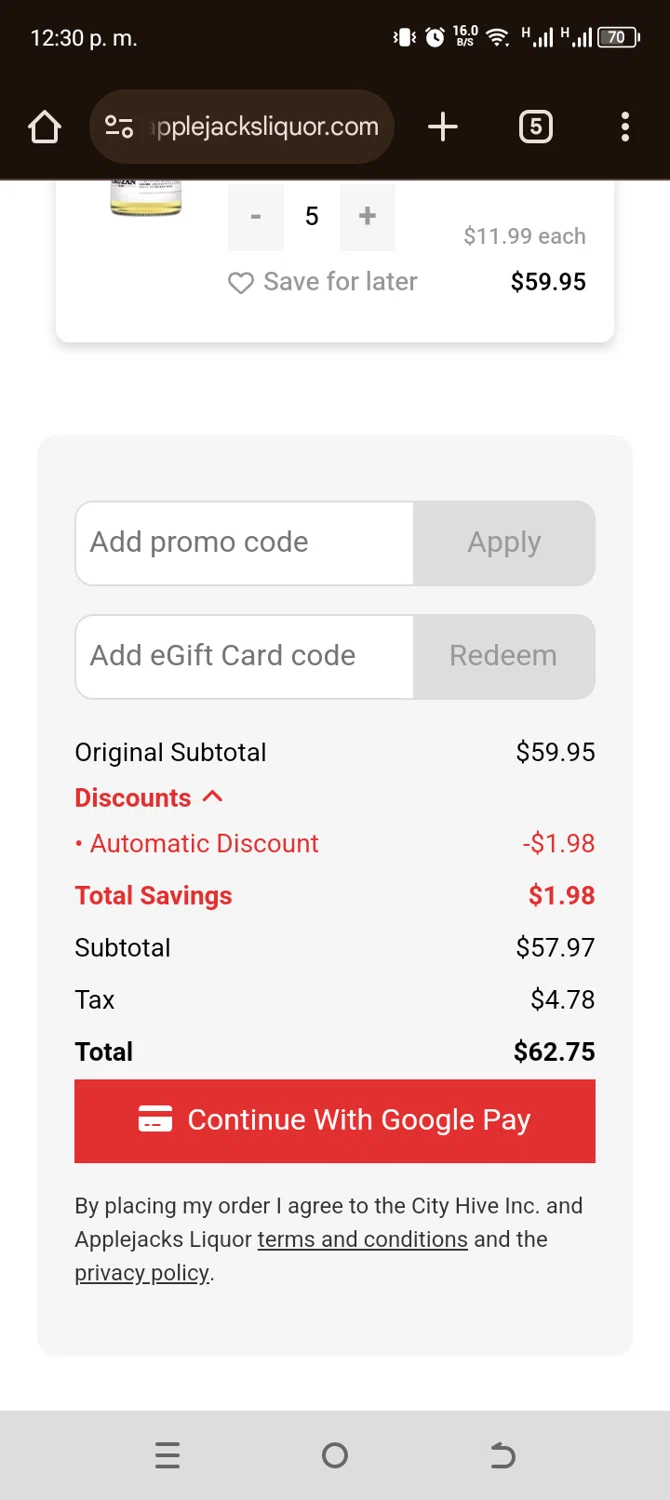 Applejacks Liquor checkout page showing Applejacks Liquor promo code box | Screenshot taken by SimplyCodes community member on Oct 14, 2024