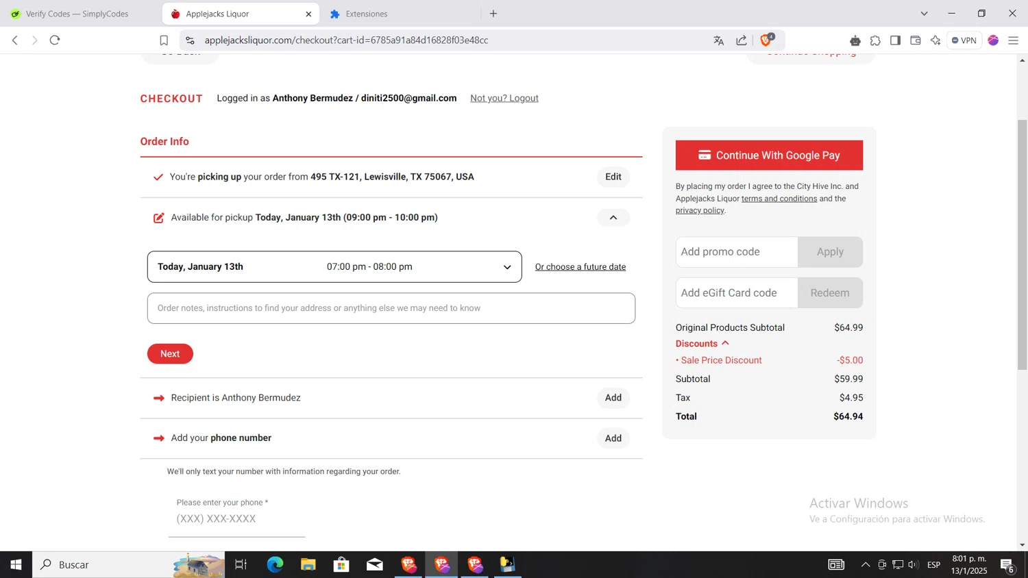 Applejacks Liquor checkout page showing Applejacks Liquor promo code box | Screenshot taken by SimplyCodes community member on Jan 14, 2025
