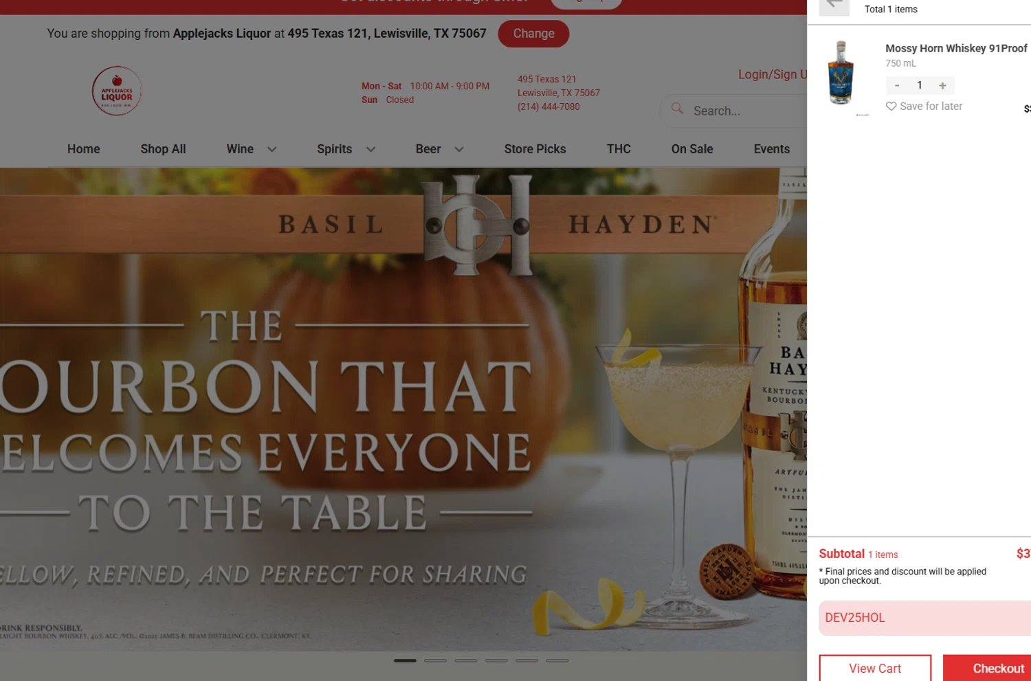Applejacks Liquor promo code screenshot showing code DEV25HOL applied at Applejacks Liquor checkout page. Uploaded by SimplyCodes community member Sanemi on Dec 22, 2025