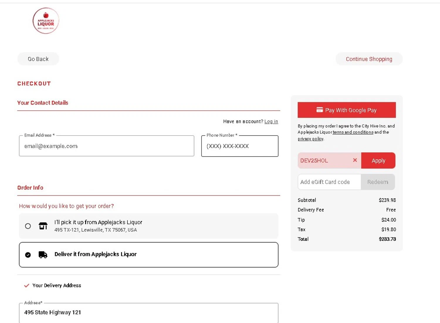 Applejacks Liquor promo code screenshot showing code DEV25HOL applied at Applejacks Liquor checkout page. Uploaded by SimplyCodes community member LAMINEJAMAL on Dec 22, 2025