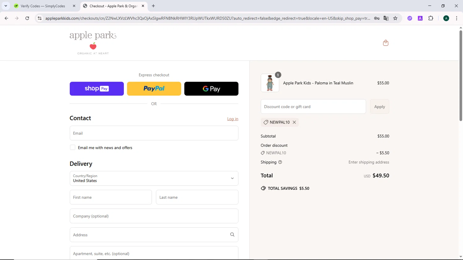 Apple Park discount code screenshot showing code NEWPAL10 applied at Apple Park checkout page. Uploaded by SimplyCodes community member DiscountCurator2907 on Jun 5, 2025