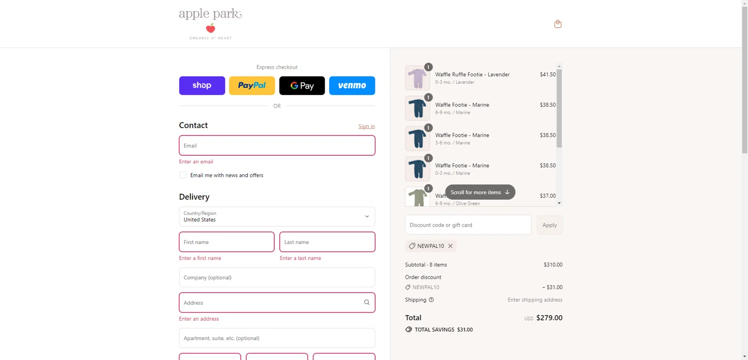 Apple Park discount code screenshot showing code NEWPAL10 applied at Apple Park checkout page. Uploaded by SimplyCodes community member PromoSeeker7158 on Sep 15, 2025