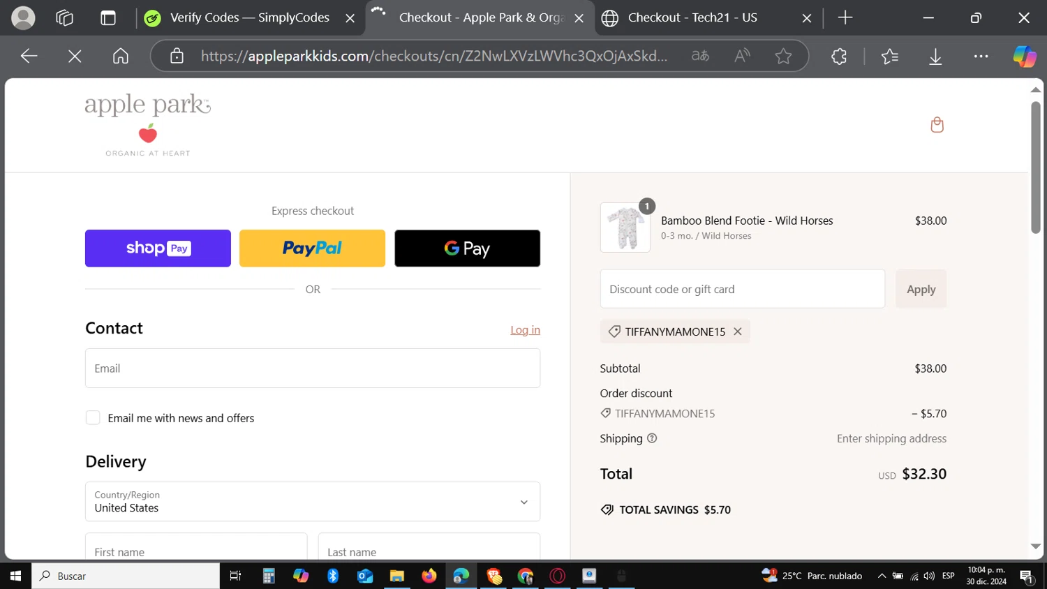 Apple Park discount code screenshot showing code TIFFANYMAMONE15 applied at Apple Park checkout page. Uploaded by SimplyCodes community member Carbon132 on Dec 31, 2024