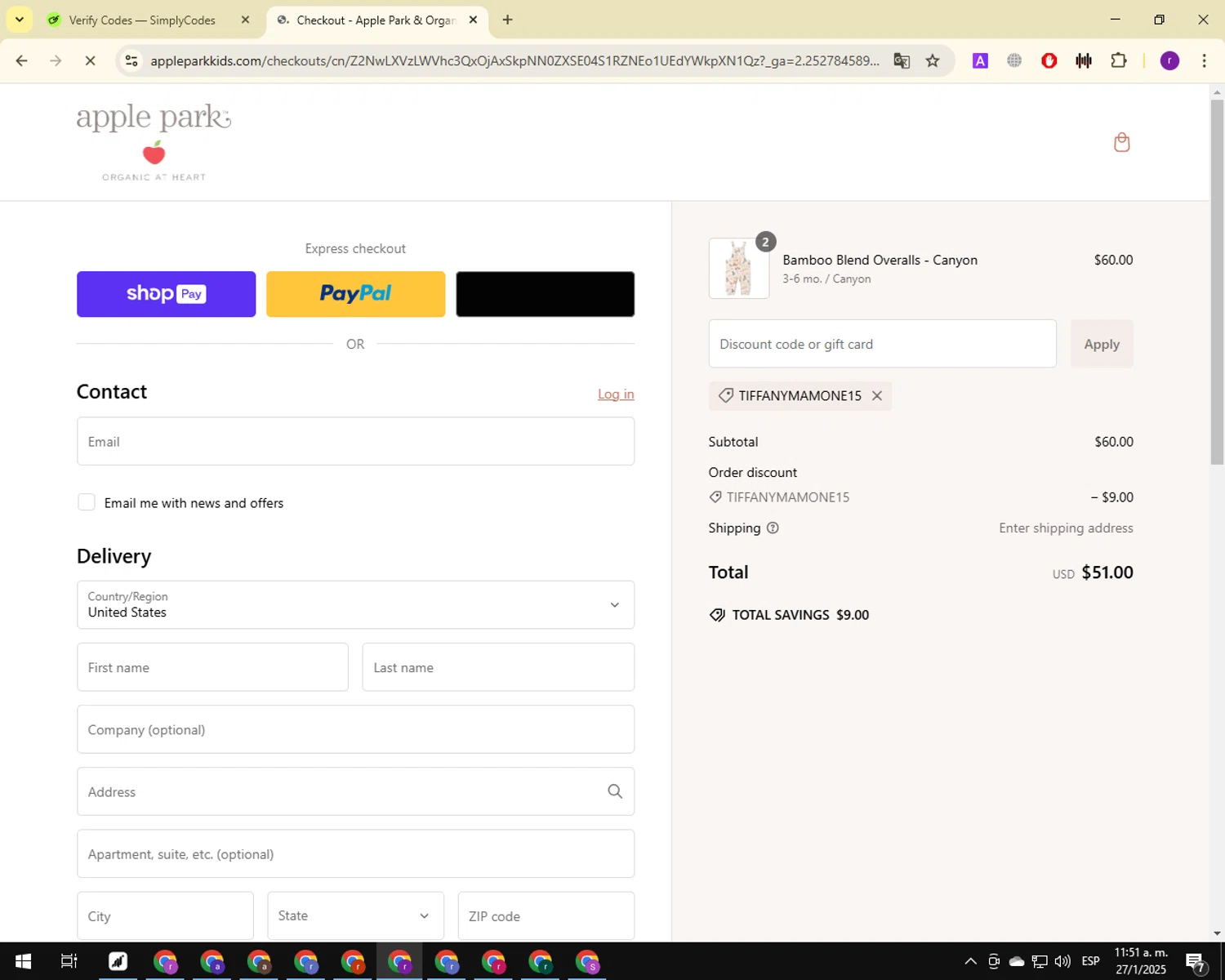Apple Park discount code screenshot showing code TIFFANYMAMONE15 applied at Apple Park checkout page. Uploaded by SimplyCodes community member ThriftyCaptain4977 on Jan 27, 2025