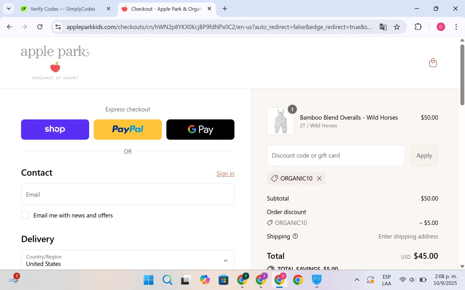 Apple Park discount code screenshot showing code ORGANIC10 applied at Apple Park checkout page. Uploaded by SimplyCodes community member LuckyHero4650 on Sep 10, 2025