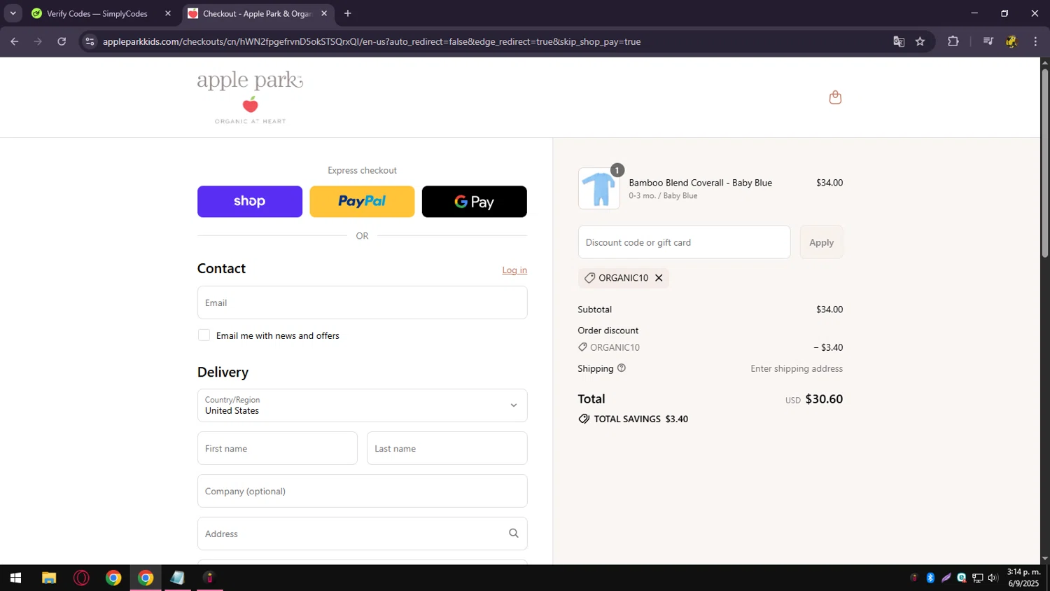 Apple Park discount code screenshot showing code ORGANIC10 applied at Apple Park checkout page. Uploaded by SimplyCodes community member PrimeShopper662 on Sep 6, 2025