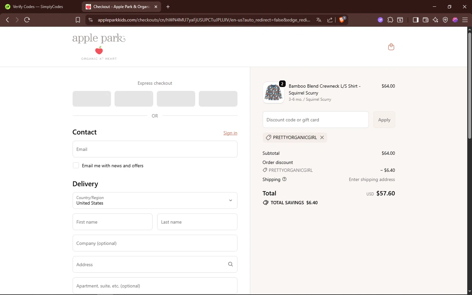 Apple Park discount code screenshot showing code PRETTYORGANICGIRL applied at Apple Park checkout page. Uploaded by SimplyCodes community member ELMORADO on Oct 21, 2025