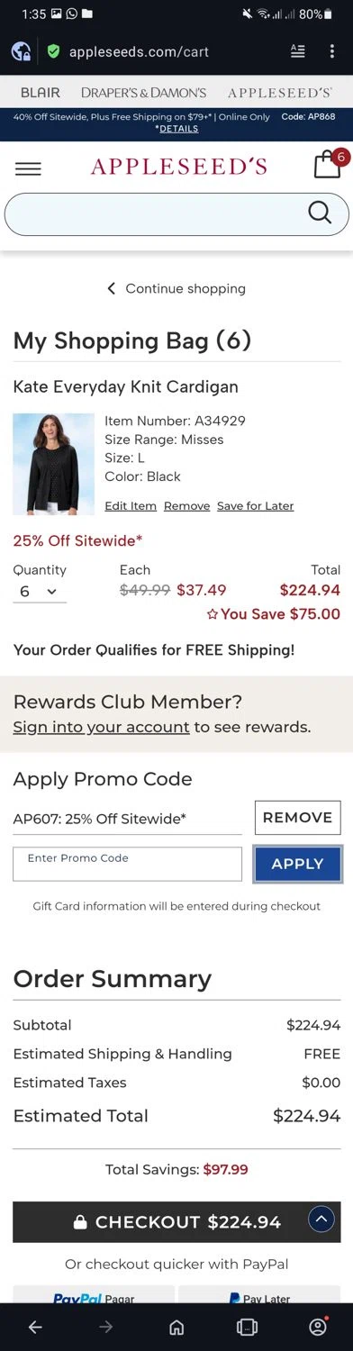 Appleseed's promo code screenshot showing code AP607 applied at Appleseed's checkout page. Uploaded by SimplyCodes community member CouponSaver4196 on Mar 24, 2025